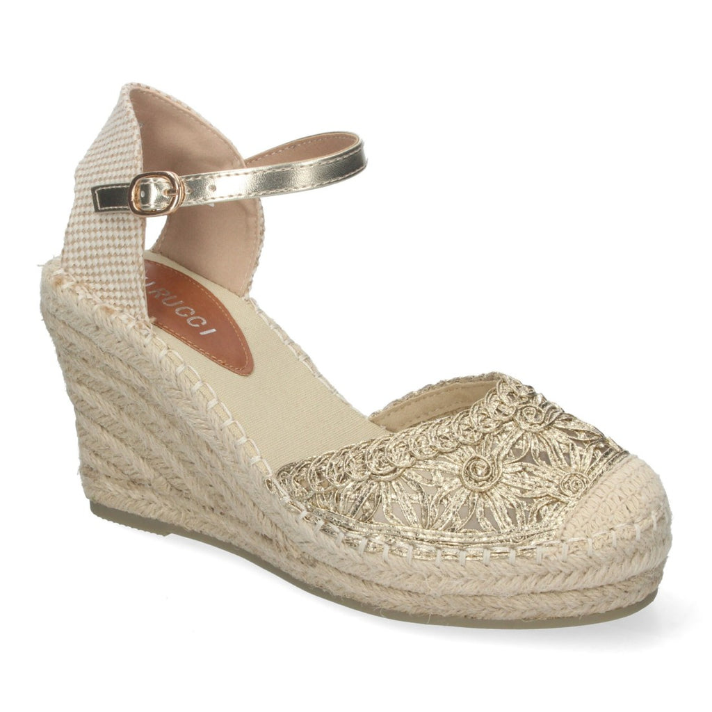 Sandalias Doradas Mujer Cuña Yute Valenciana Bordados Flores