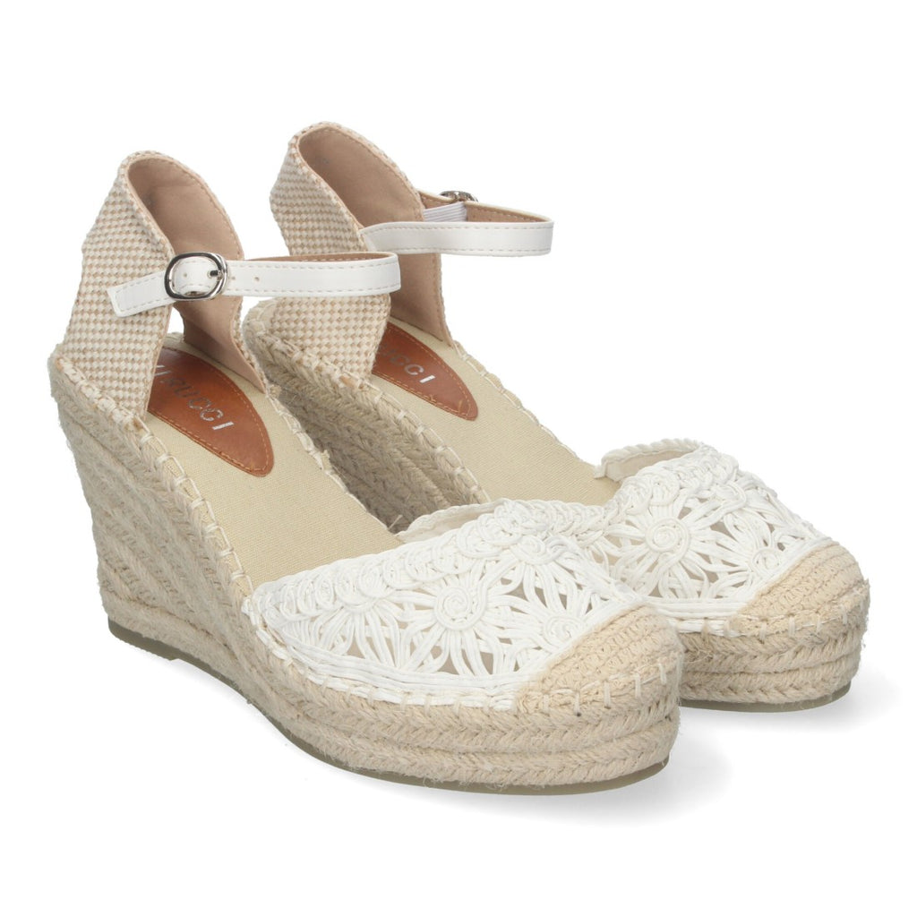 Sandalias Blancas Mujer Cuña Yute Valenciana Bordados Flores