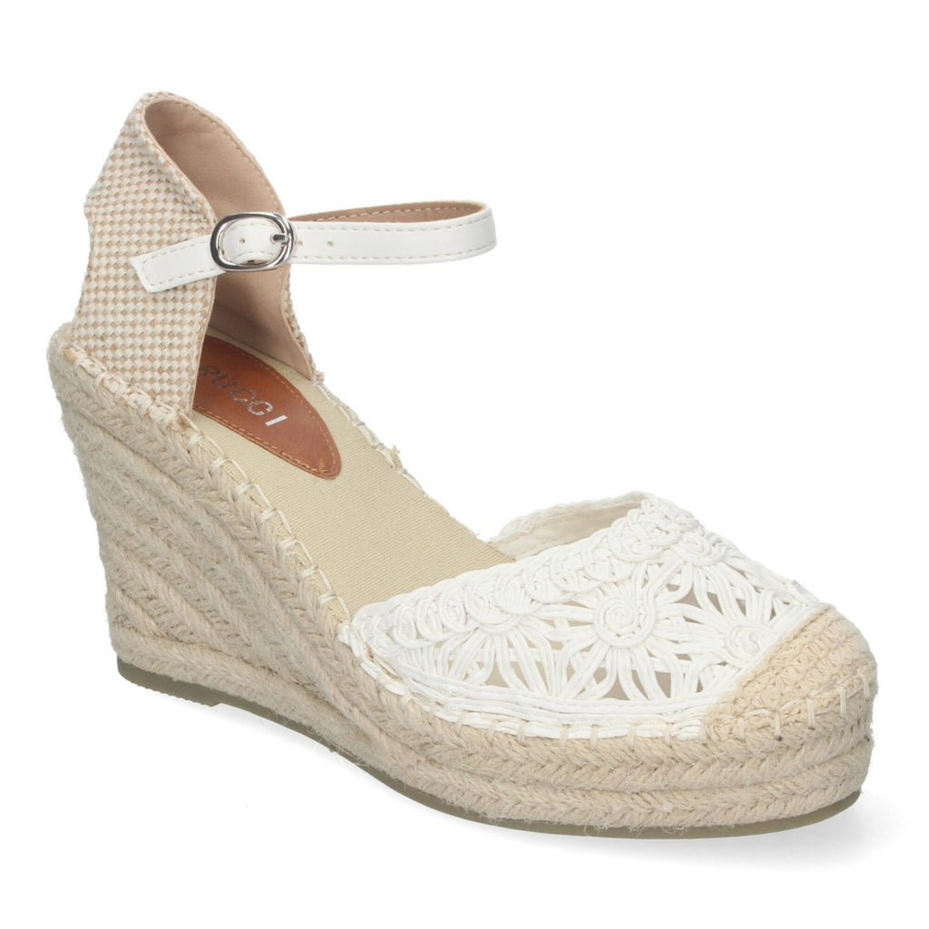 Sandalias Blancas Mujer Cuña Yute Valenciana Bordados Flores