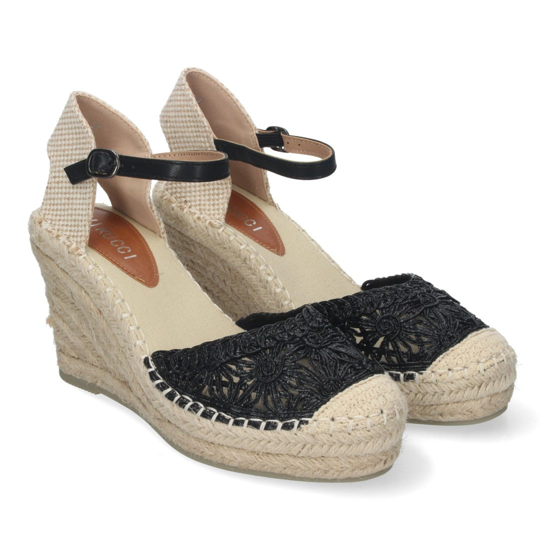 Sandalias Negras Mujer Cuña Yute Valenciana Bordados Flores