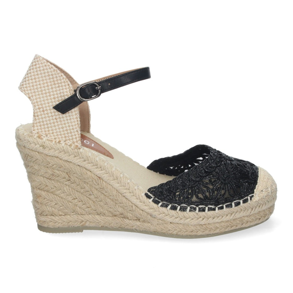 Sandalias Negras Mujer Cuña Yute Valenciana Bordados Flores