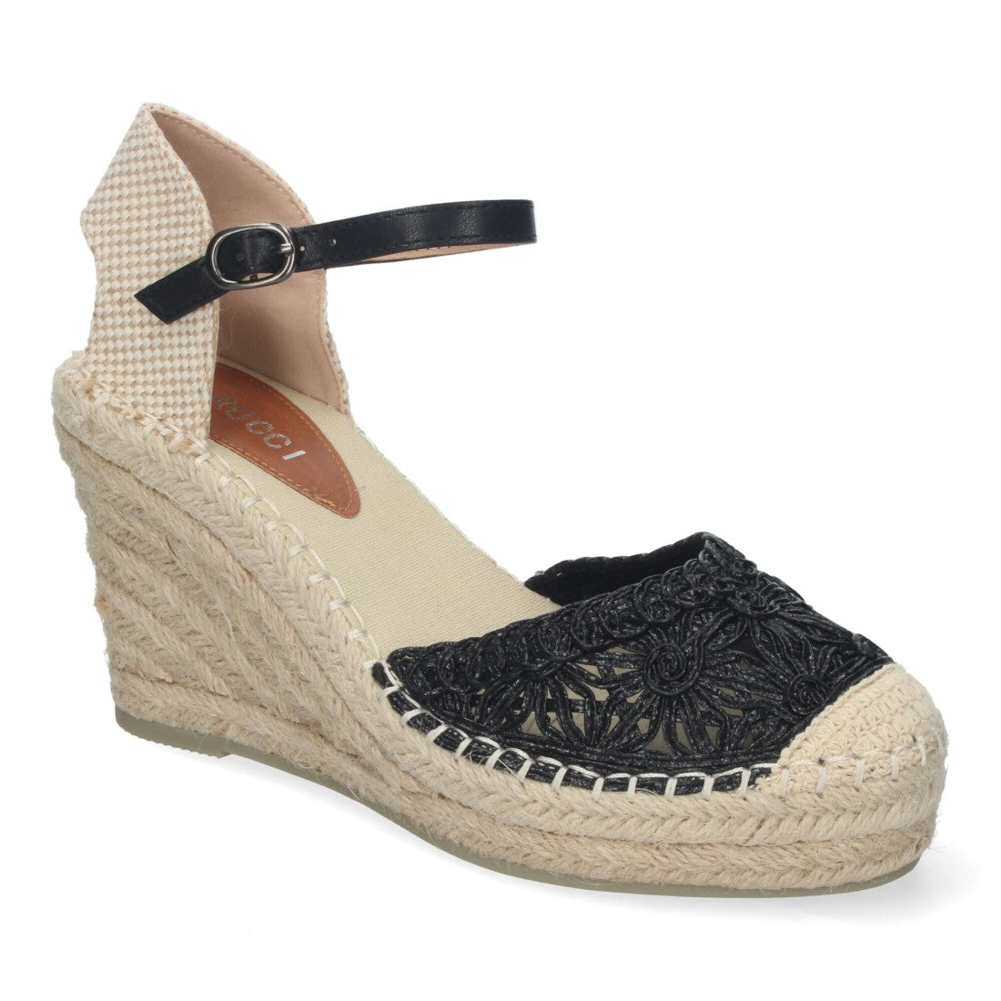 Sandalias Negras Mujer Cuña Yute Valenciana Bordados Flores