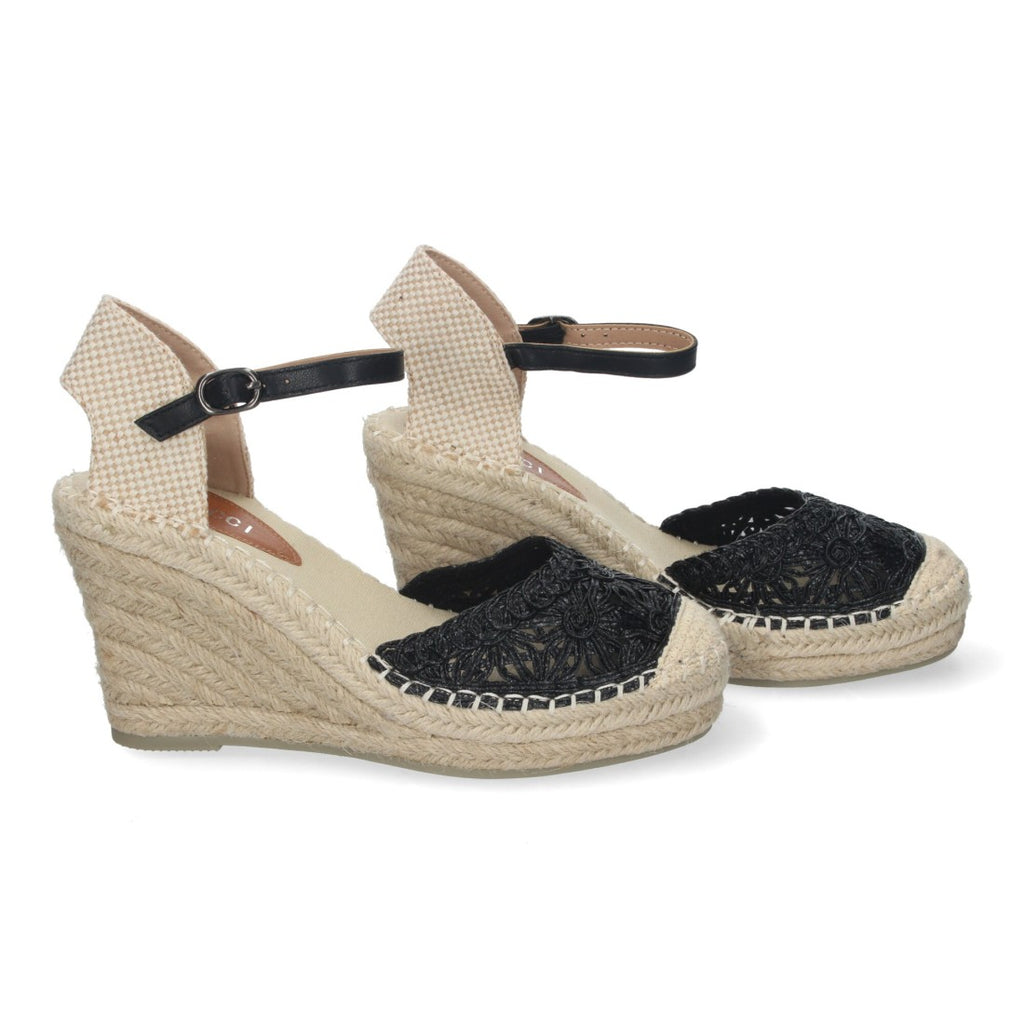 Sandalias Negras Mujer Cuña Yute Valenciana Bordados Flores