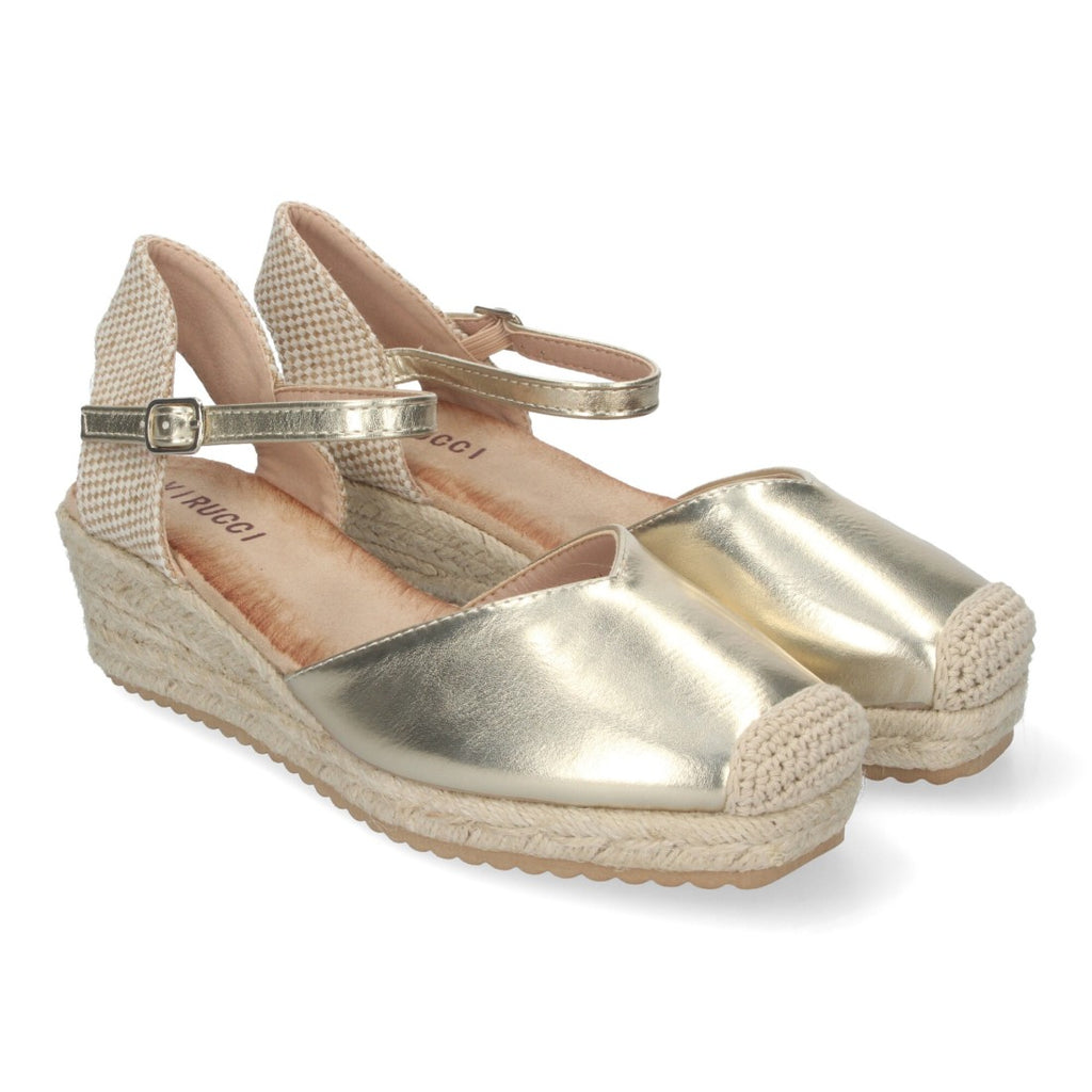 Sandalias Doradas Mujer Cuña Yute Pala Cerrada Cómodas
