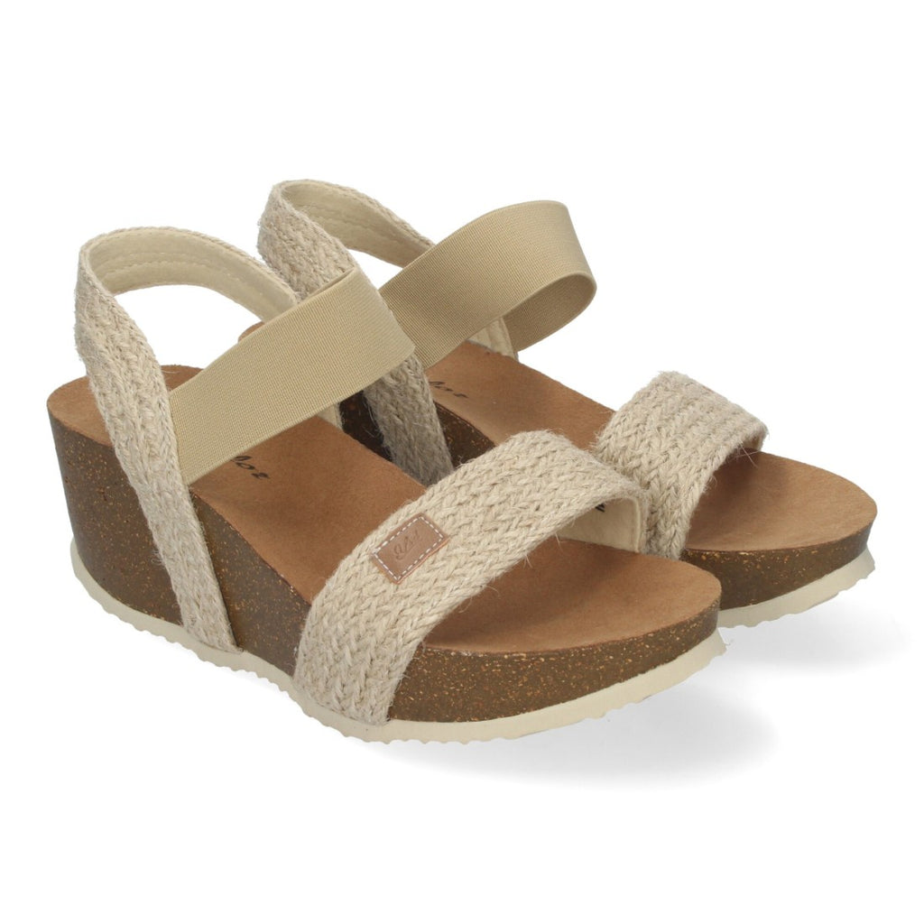 Sandalias Beige Mujer Cuña Bio Banda Elástica Cómodas Elegantes