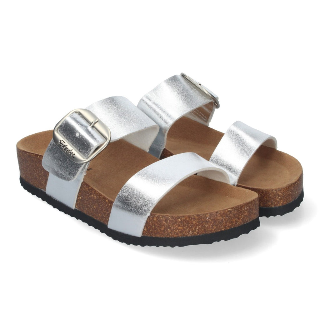 Sandalias Plateadas Mujer Cuña Bio Plantilla Anatómica Estilo Esclava Elegantes
