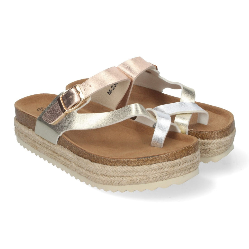 Sandalias Doradas Mujer Plataforma Bio Yute Estilo Esclava Hebilla Elegantes