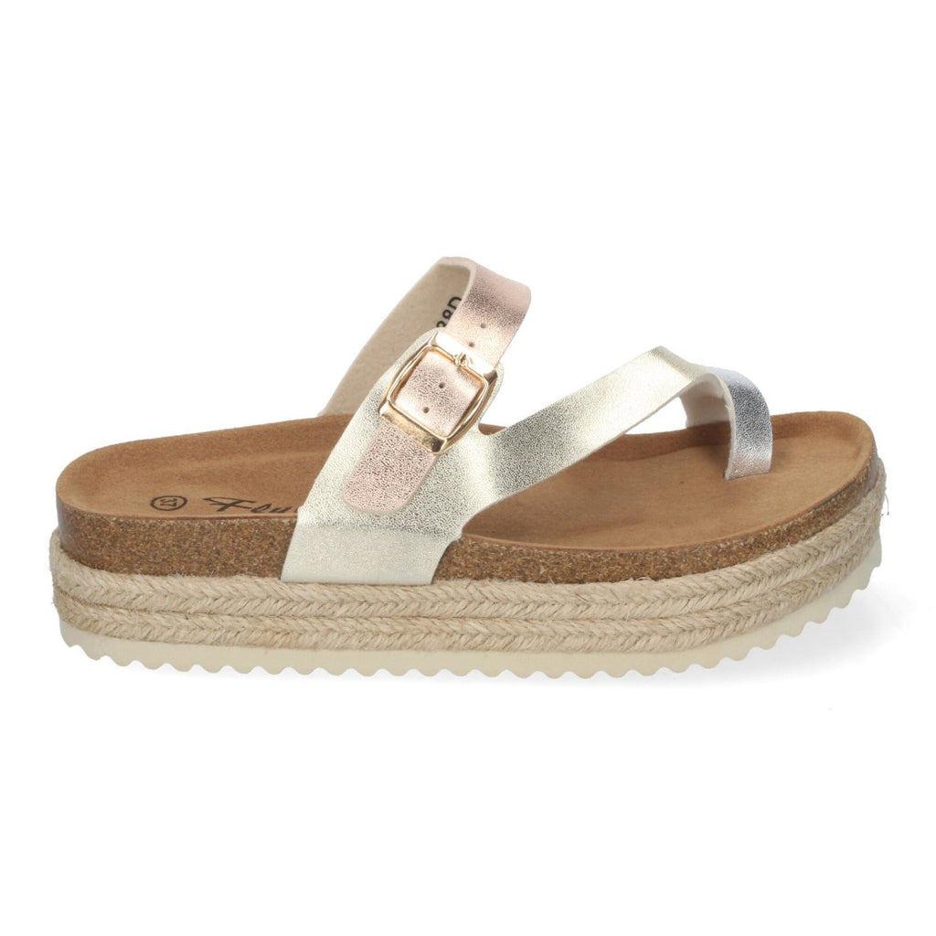 Sandalias Doradas Mujer Plataforma Bio Yute Estilo Esclava Hebilla Elegantes