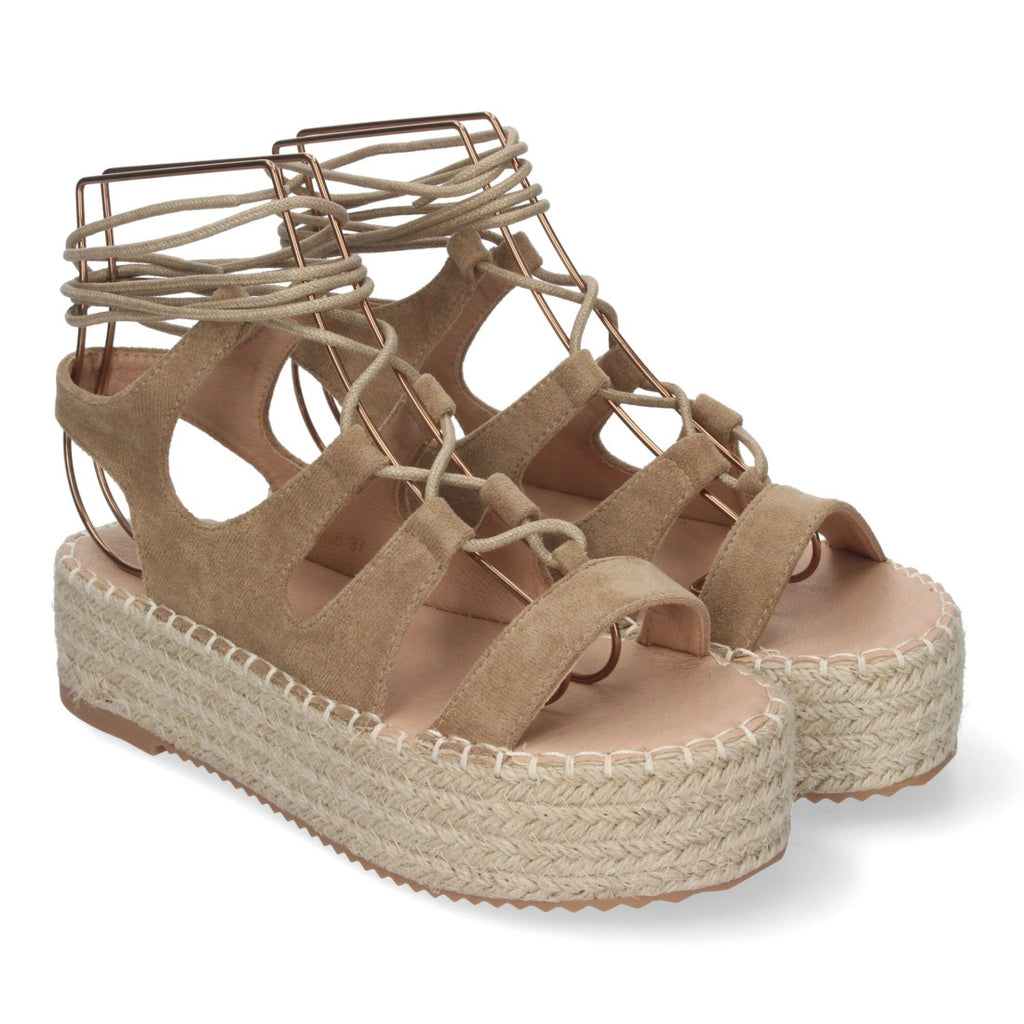 Sandalias Taupe Mujer Cuña Yute Cordones Elegantes