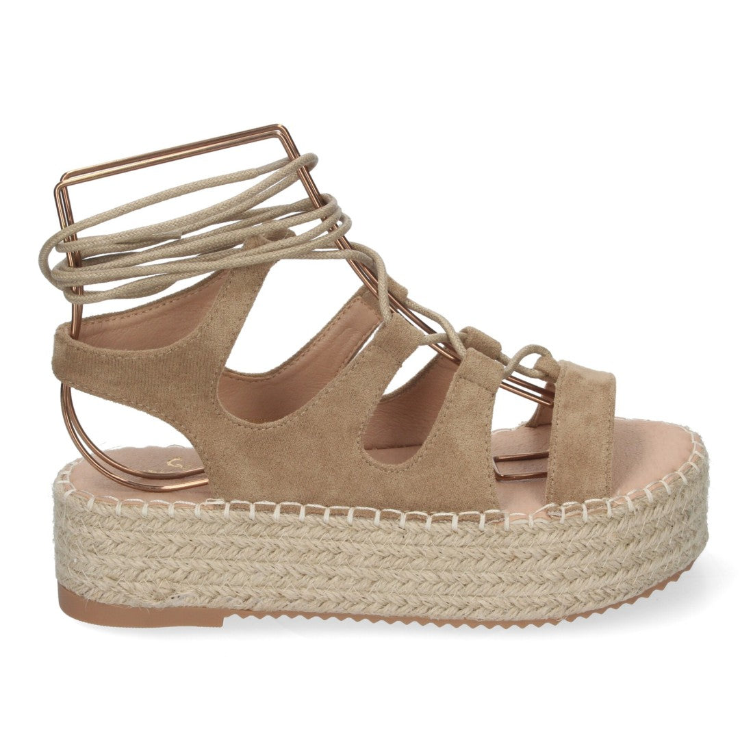 Sandalias Taupe Mujer Cuña Yute Cordones Elegantes