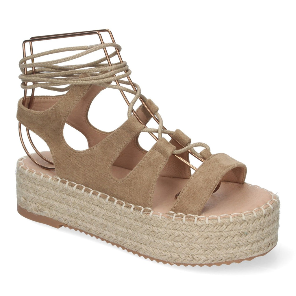 Sandalias Taupe Mujer Cuña Yute Cordones Elegantes