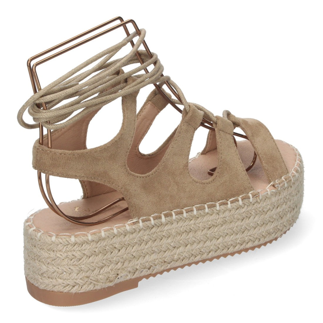 Sandalias Taupe Mujer Cuña Yute Cordones Elegantes