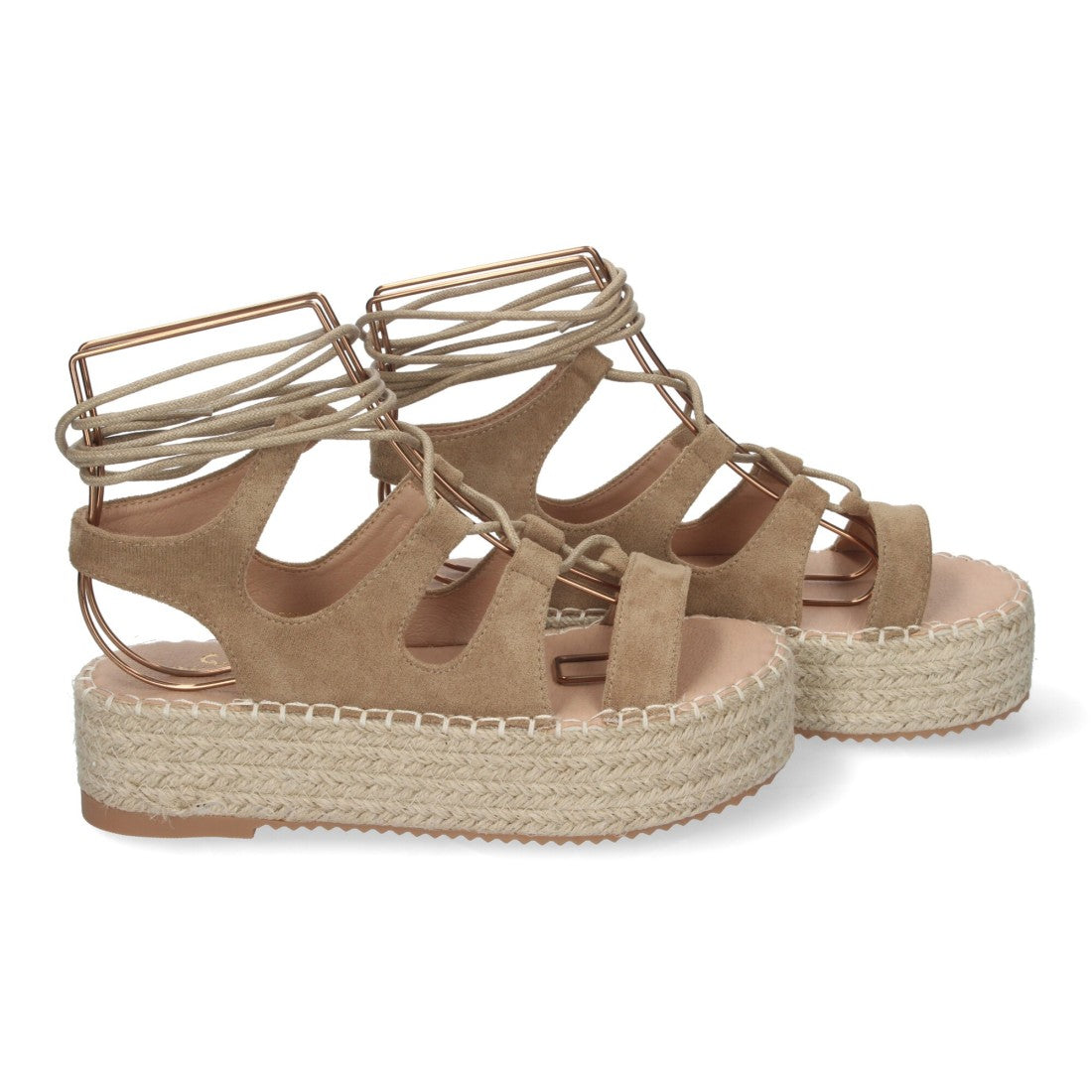 Sandalias Taupe Mujer Cuña Yute Cordones Elegantes