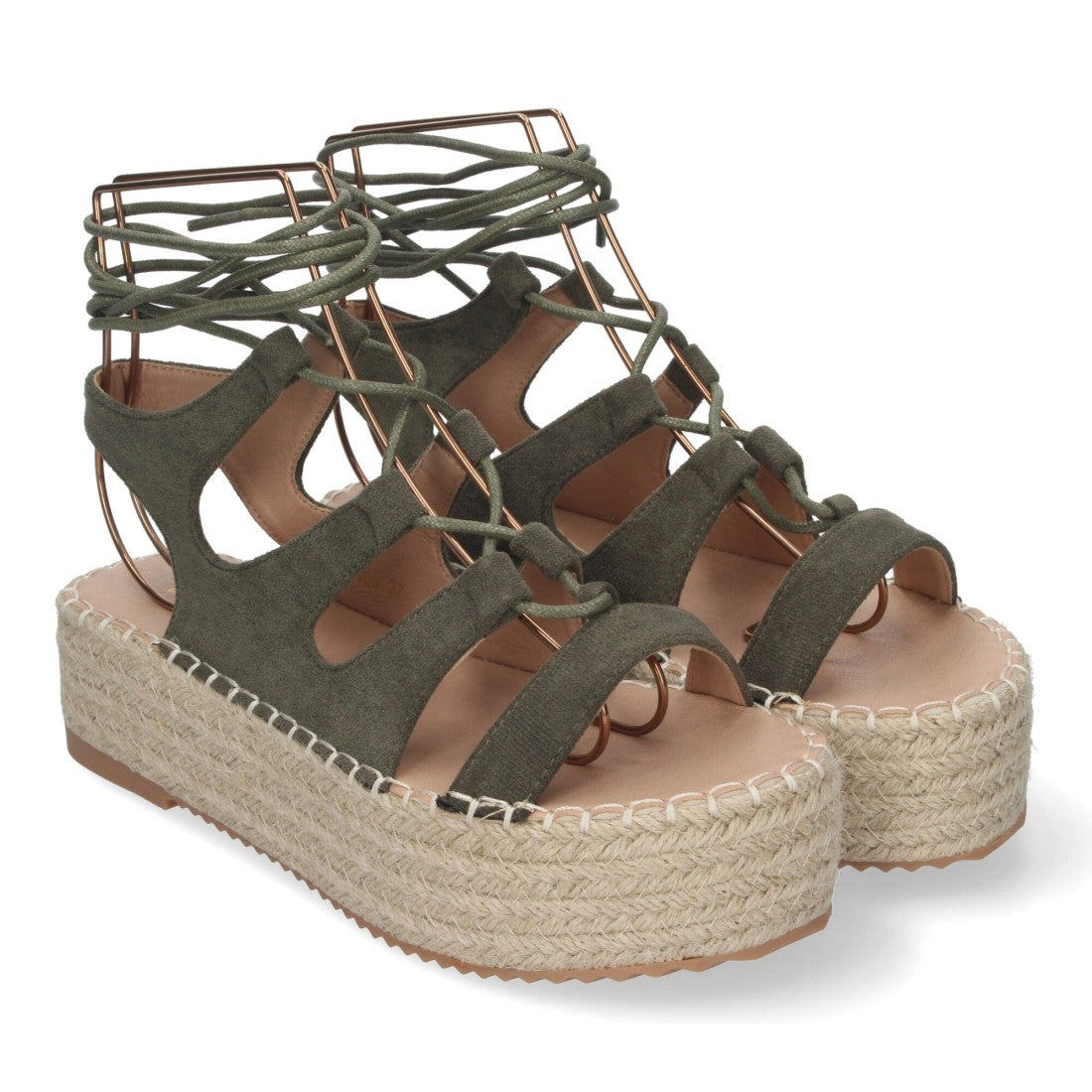 Sandalias Verdes Mujer Cuña Yute Cordones Elegantes