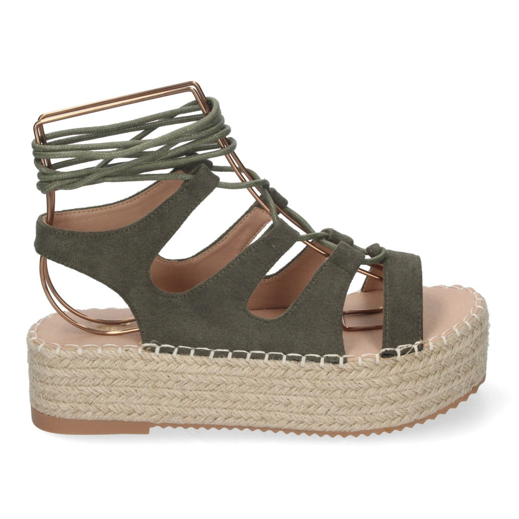 Sandalias Verdes Mujer Cuña Yute Cordones Elegantes