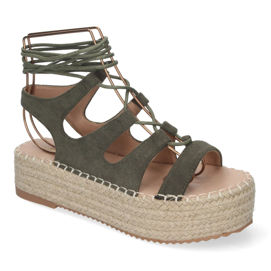 Sandalias Verdes Mujer Cuña Yute Cordones Elegantes