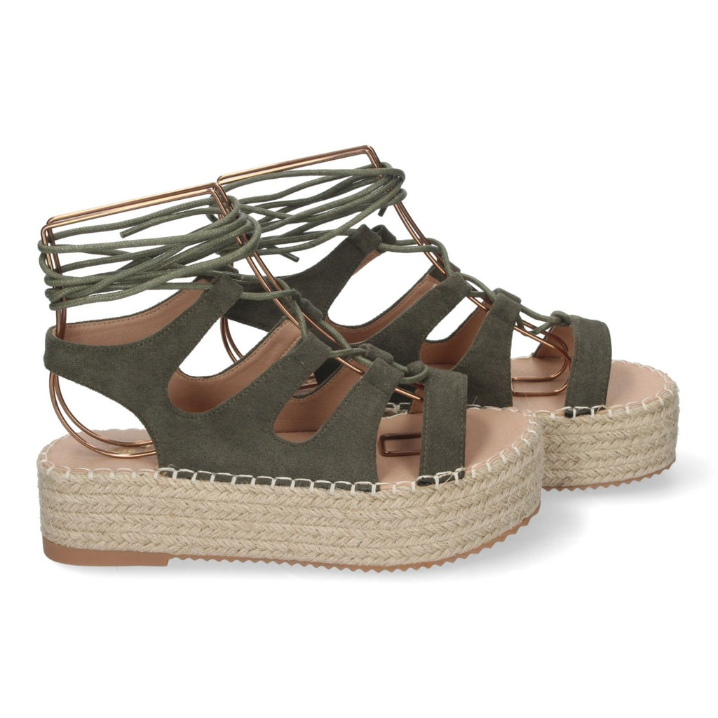 Sandalias Verdes Mujer Cuña Yute Cordones Elegantes