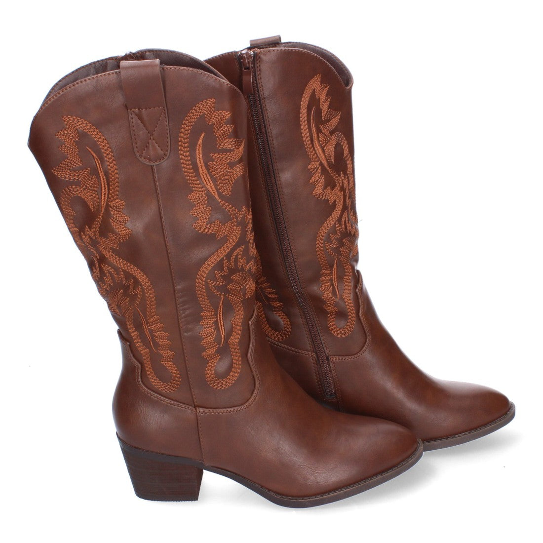 Botas Cowboy con Bordado y Punta Redonda - Marrón