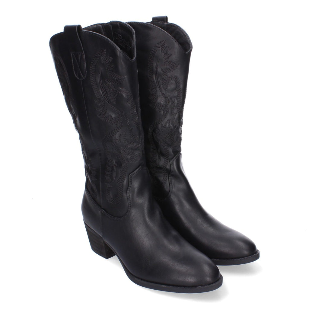 Botas Cowboy con Bordado y Punta Redonda - Negro