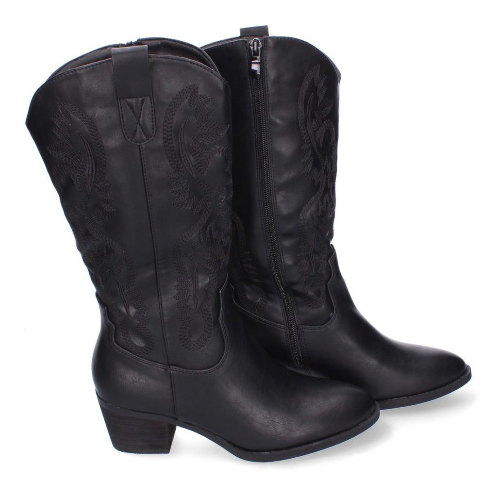 Botas Cowboy con Bordado y Punta Redonda - Negro