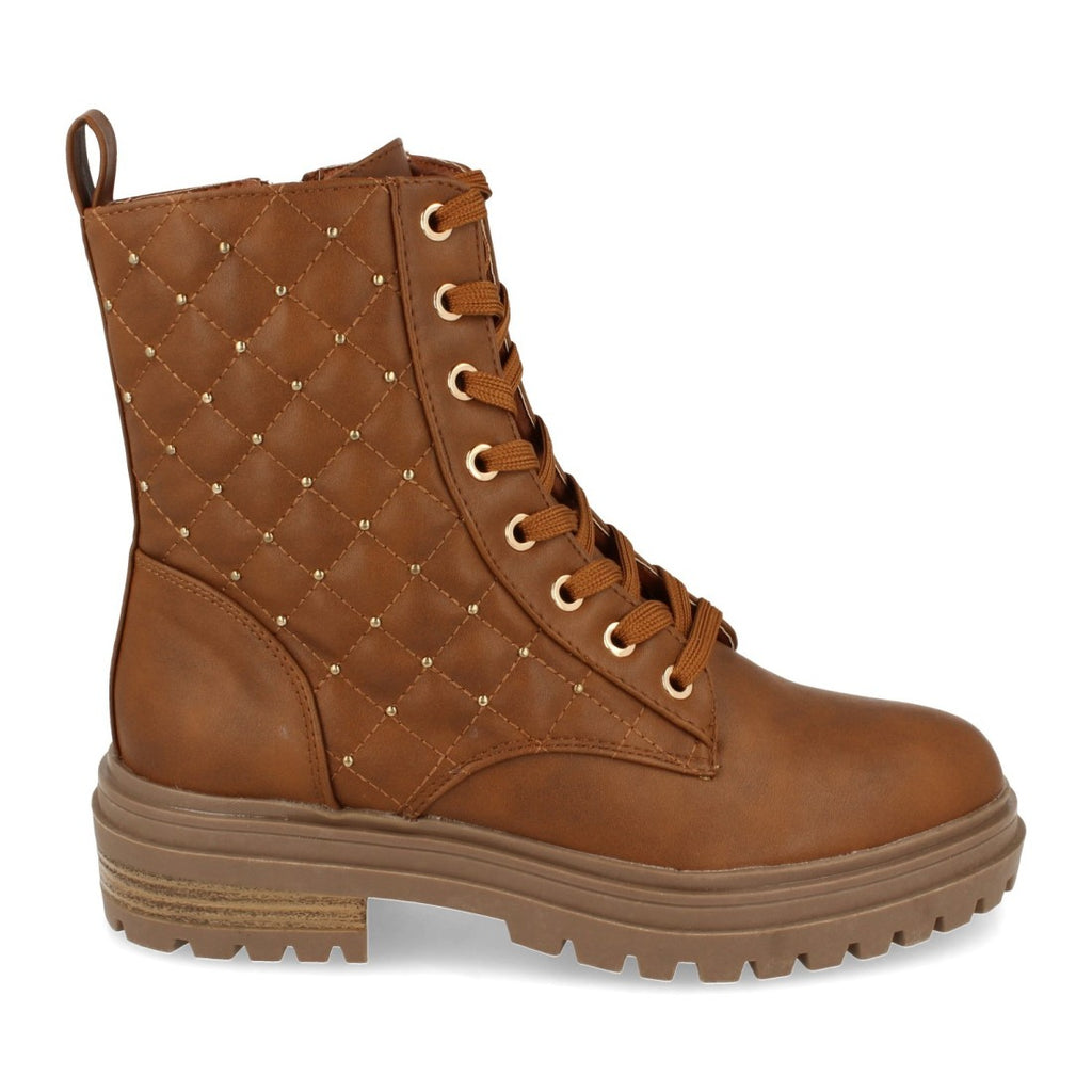 Botines Planos Camel Acolchado con Strass, Cordones y Cremallera