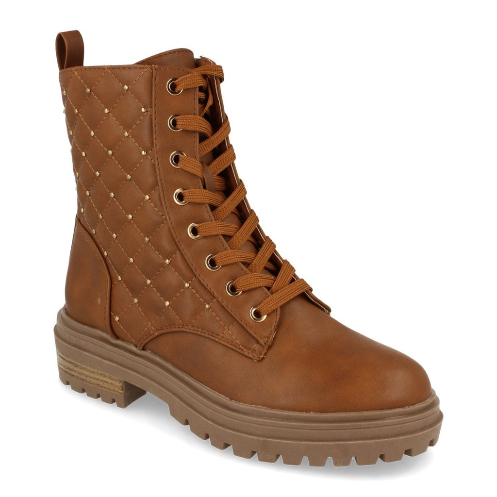Botines Planos Camel Acolchado con Strass, Cordones y Cremallera