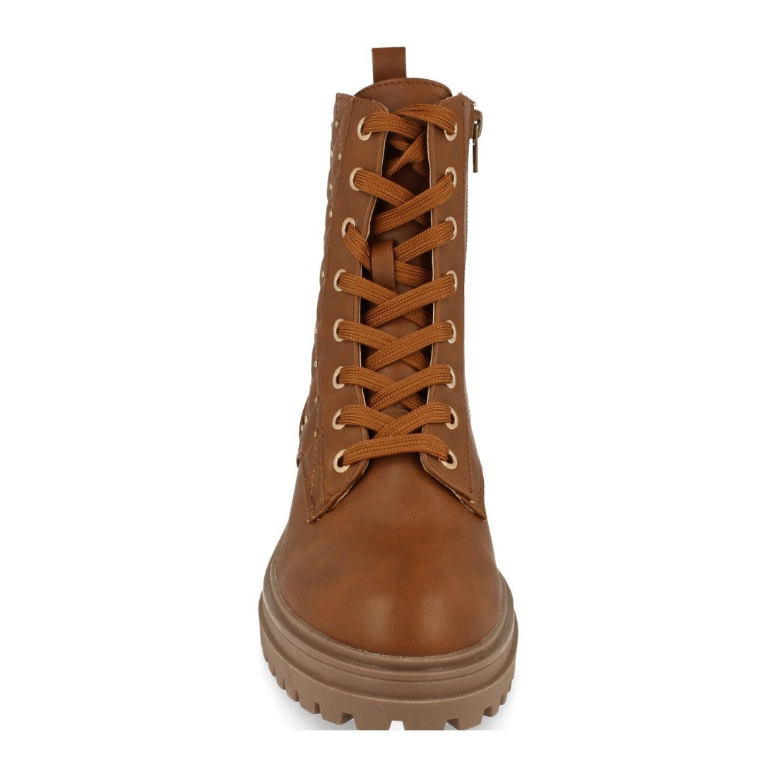 Botines Planos Camel Acolchado con Strass, Cordones y Cremallera