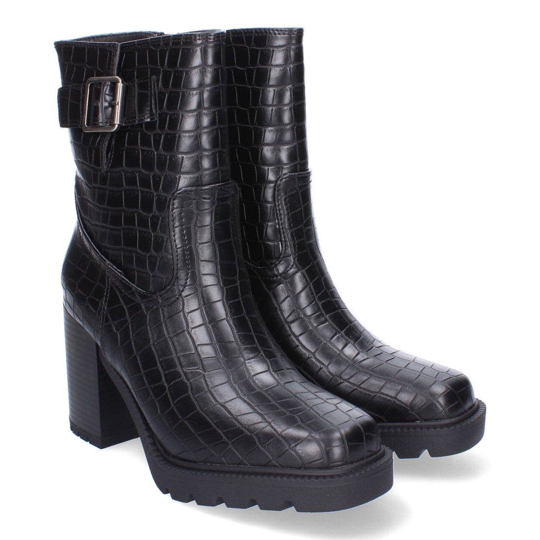 Botas Negras de Tacón con Animal Print y Hebilla