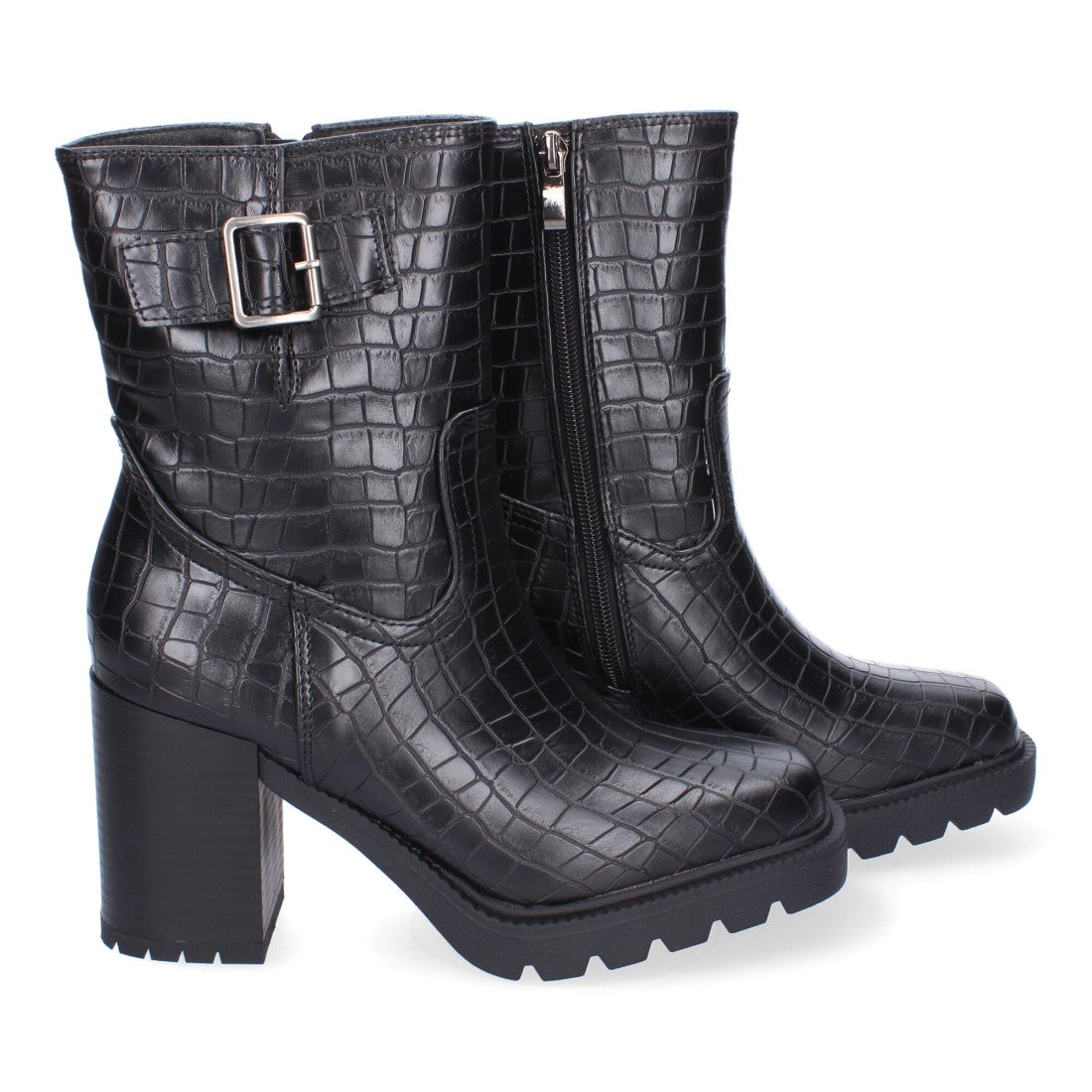 Botas Negras de Tacón con Animal Print y Hebilla