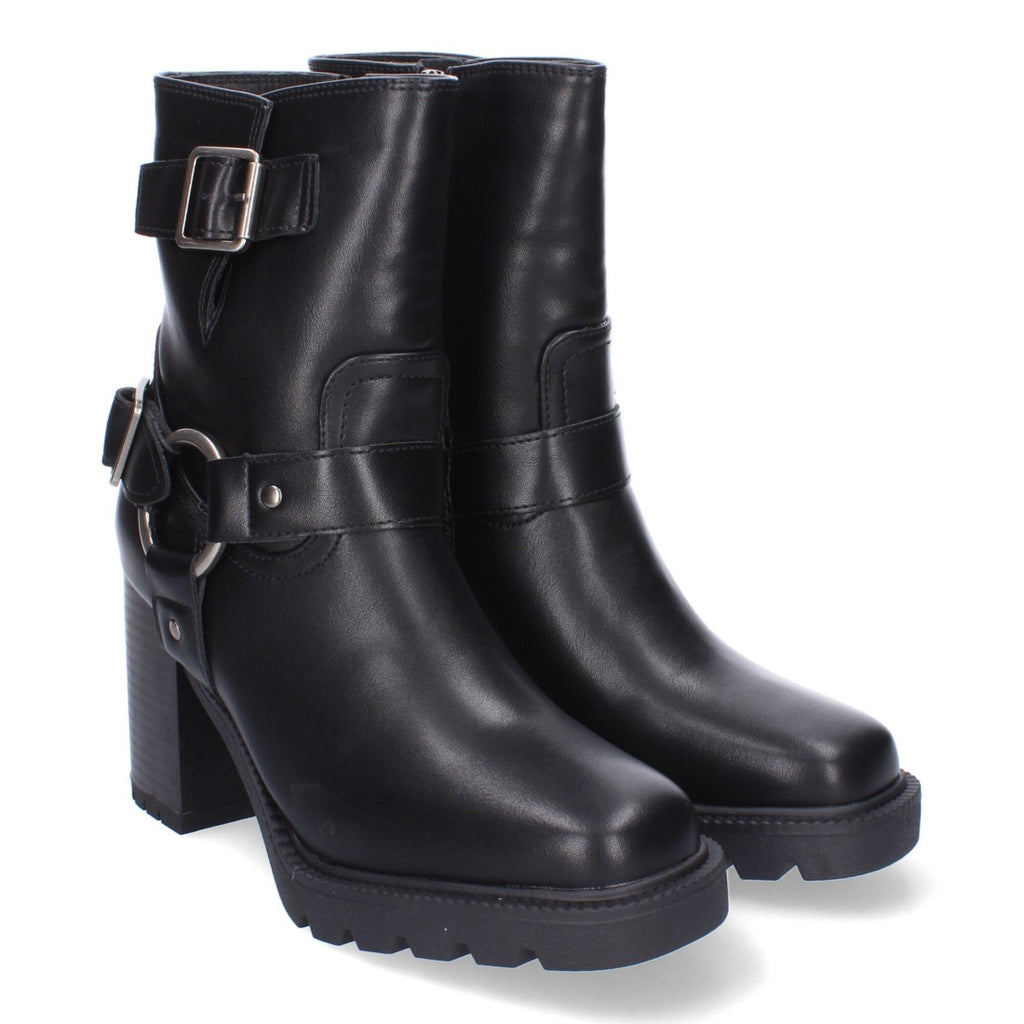 Botas Negras de Tacón con Suela Dentada y Hebillas
