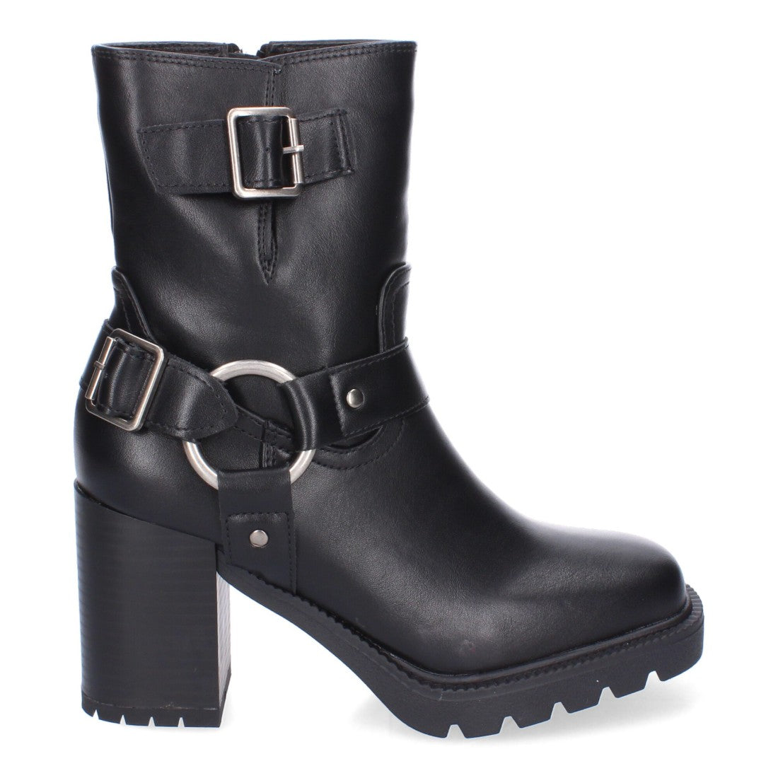Botas Negras de Tacón con Suela Dentada y Hebillas