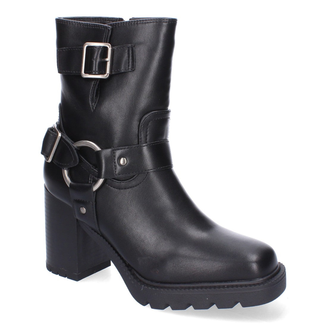 Botas Negras de Tacón con Suela Dentada y Hebillas