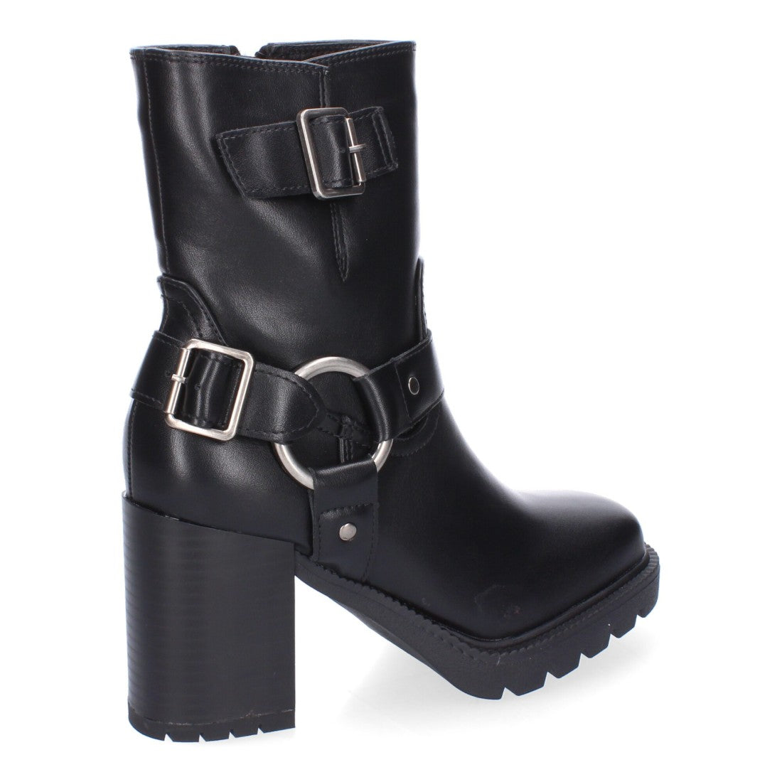 Botas Negras de Tacón con Suela Dentada y Hebillas