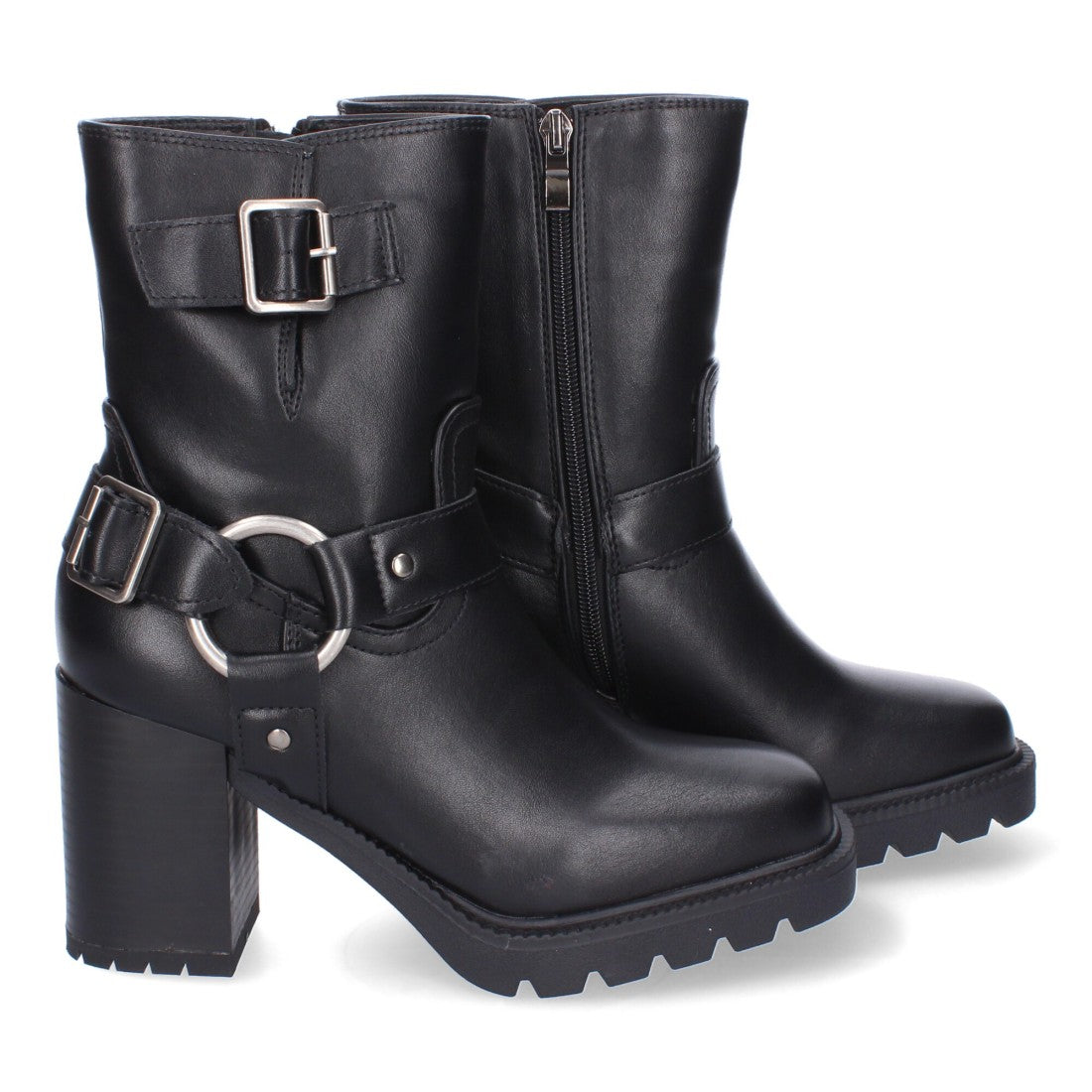 Botas Negras de Tacón con Suela Dentada y Hebillas