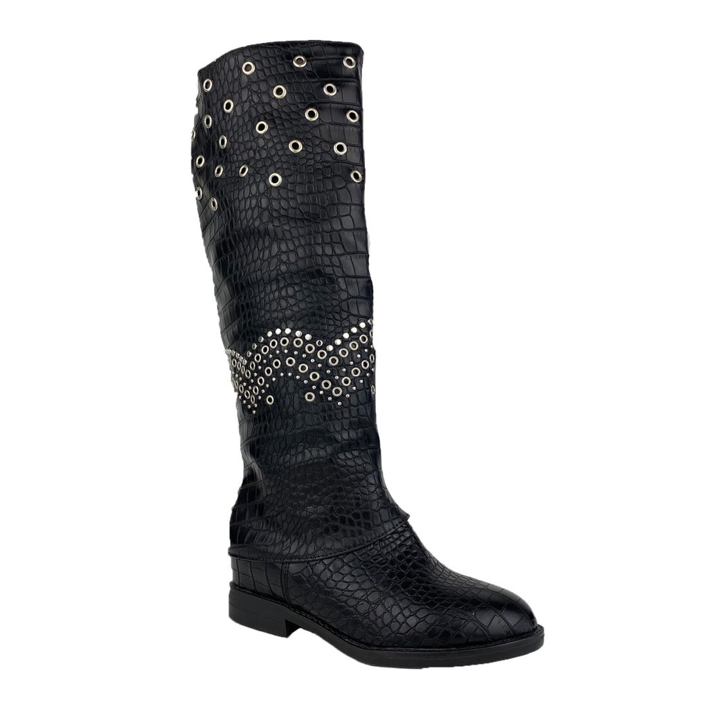 Botas Negras con Estampado Cocodrilo y Tachuelas