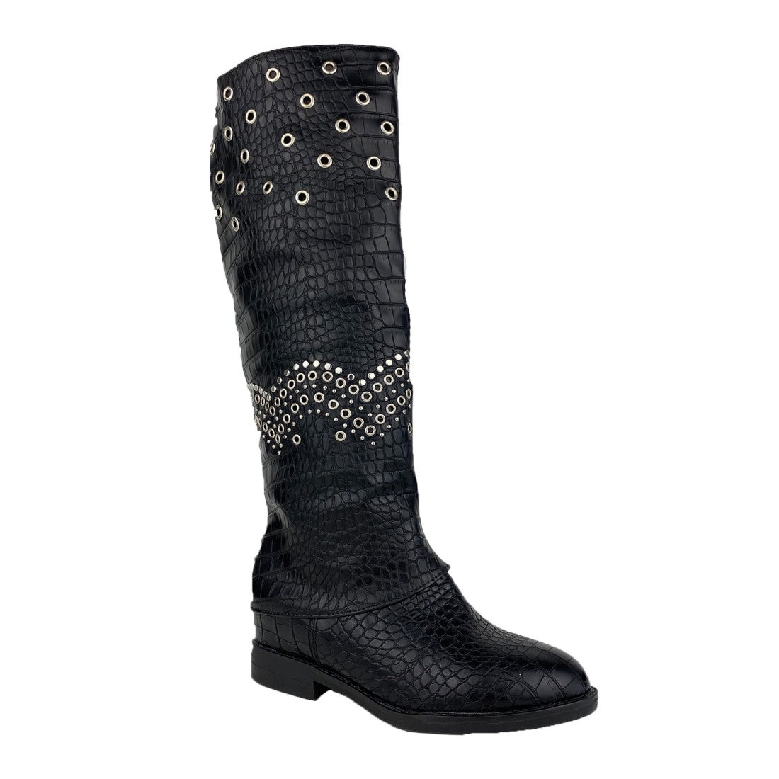 Botas Negras con Estampado Cocodrilo y Tachuelas