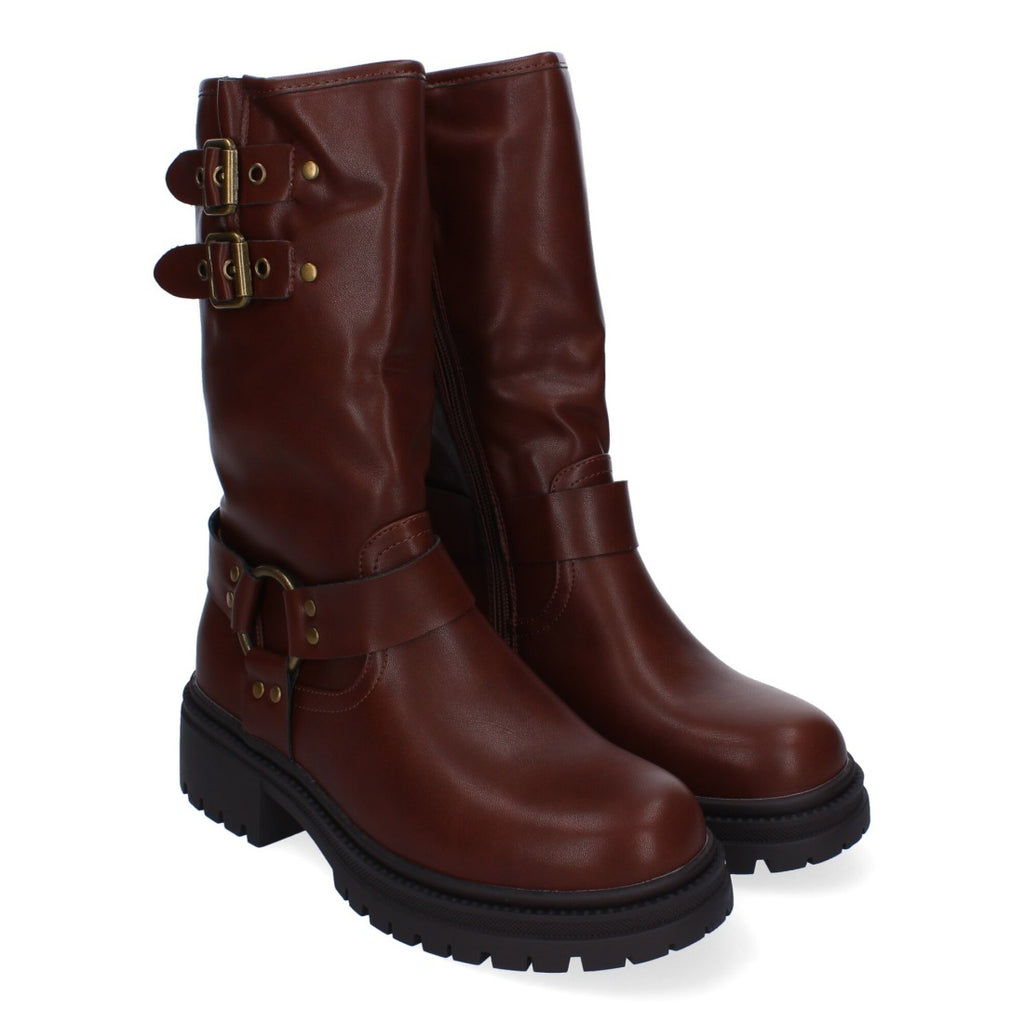 Braune Biker-Stiefel mit Schnallen und Absatz