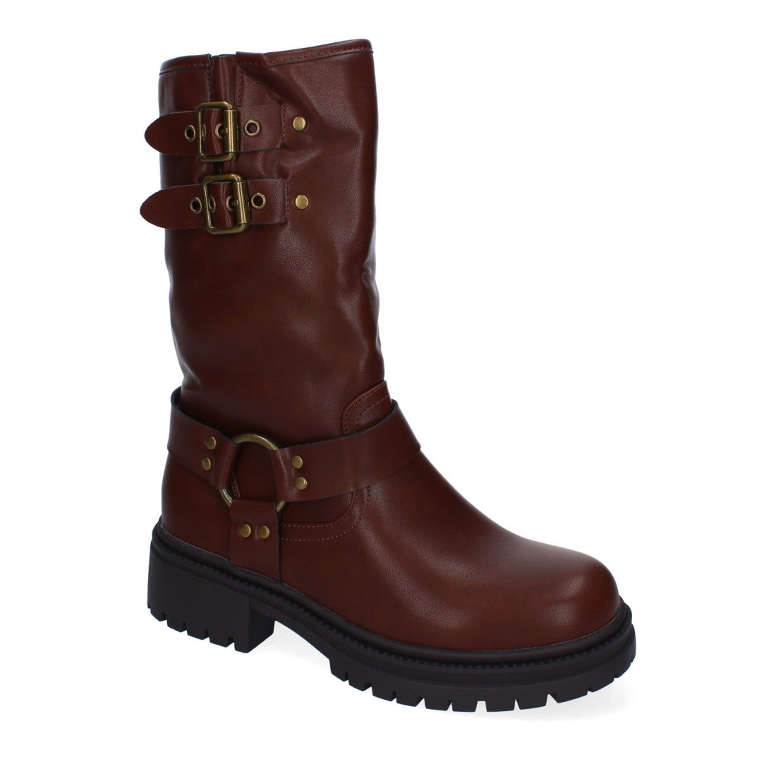 Braune Biker-Stiefel mit Schnallen und Absatz