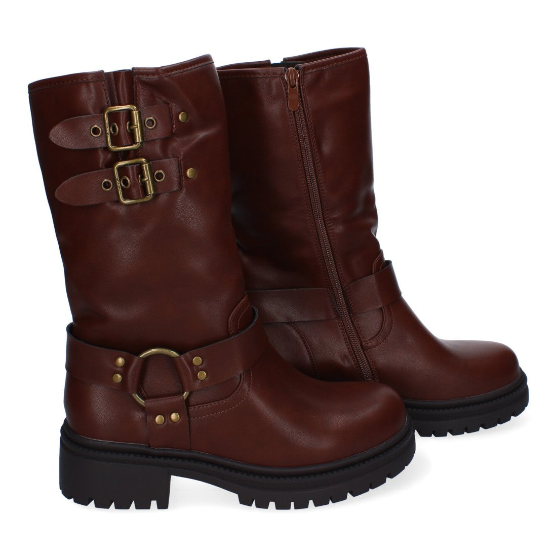Braune Biker-Stiefel mit Schnallen und Absatz