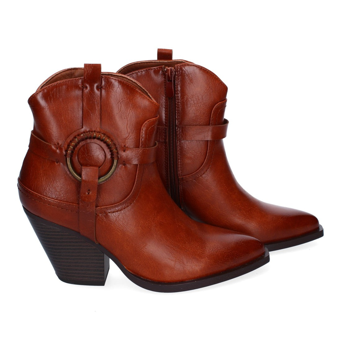 Botines Estilo Cowboy Camel con Adorno Metálico y Cremallera