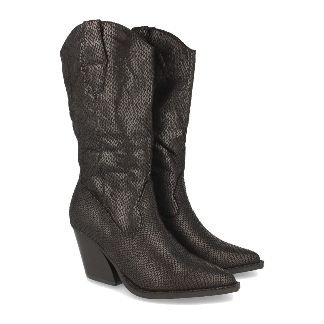 Botas Tacón Punta Fina Estampado Serpiente - Negro