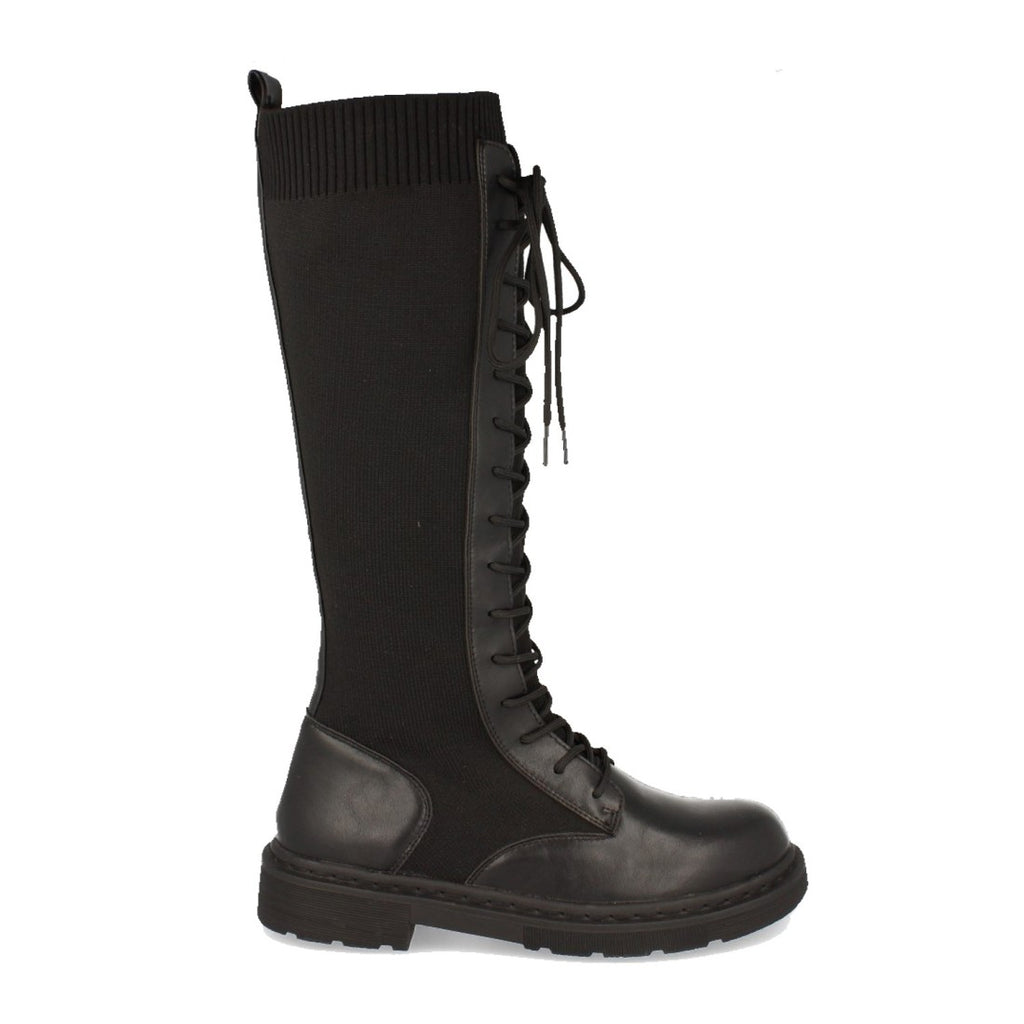 Botas Negras Planas con Elástico y Cordones