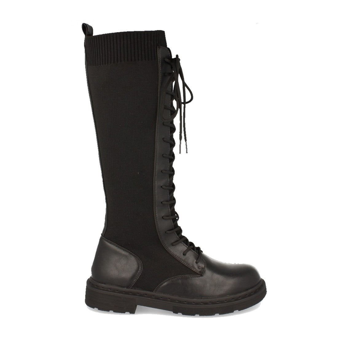 Botas Negras Planas con Elástico y Cordones