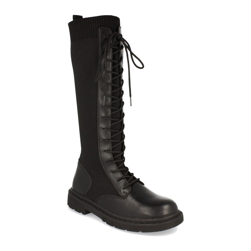 Botas Negras Planas con Elástico y Cordones