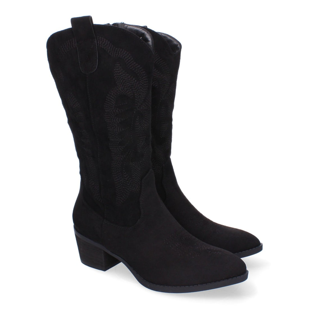 Botas Cowboy con Tacón, Bordado y Punta Redonda - Negro