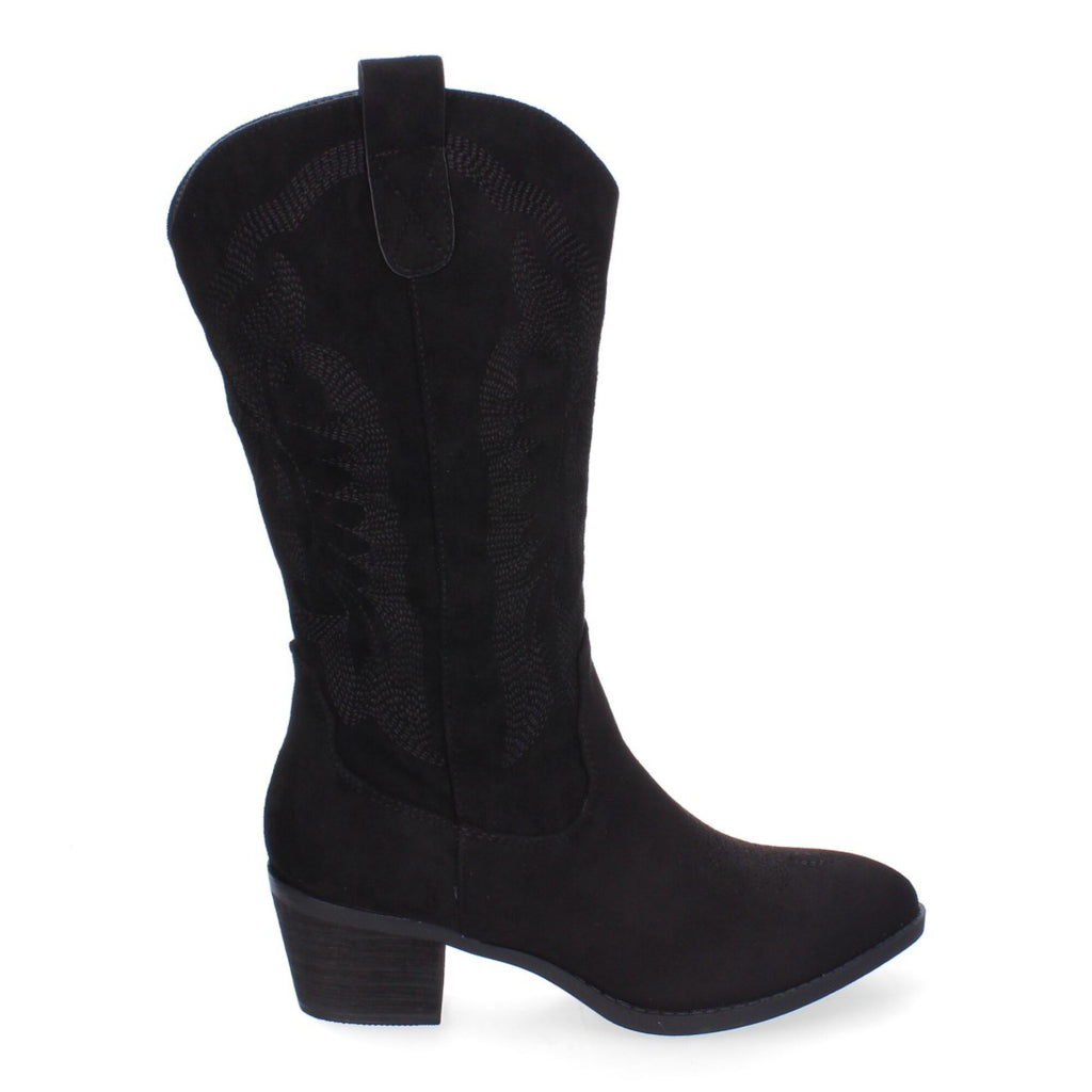 Botas Cowboy con Tacón, Bordado y Punta Redonda - Negro