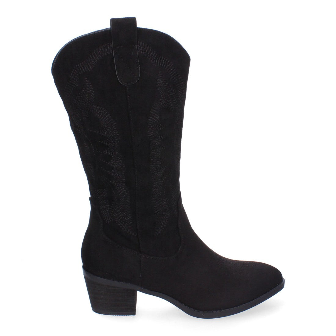 Botas Cowboy con Tacón, Bordado y Punta Redonda - Negro