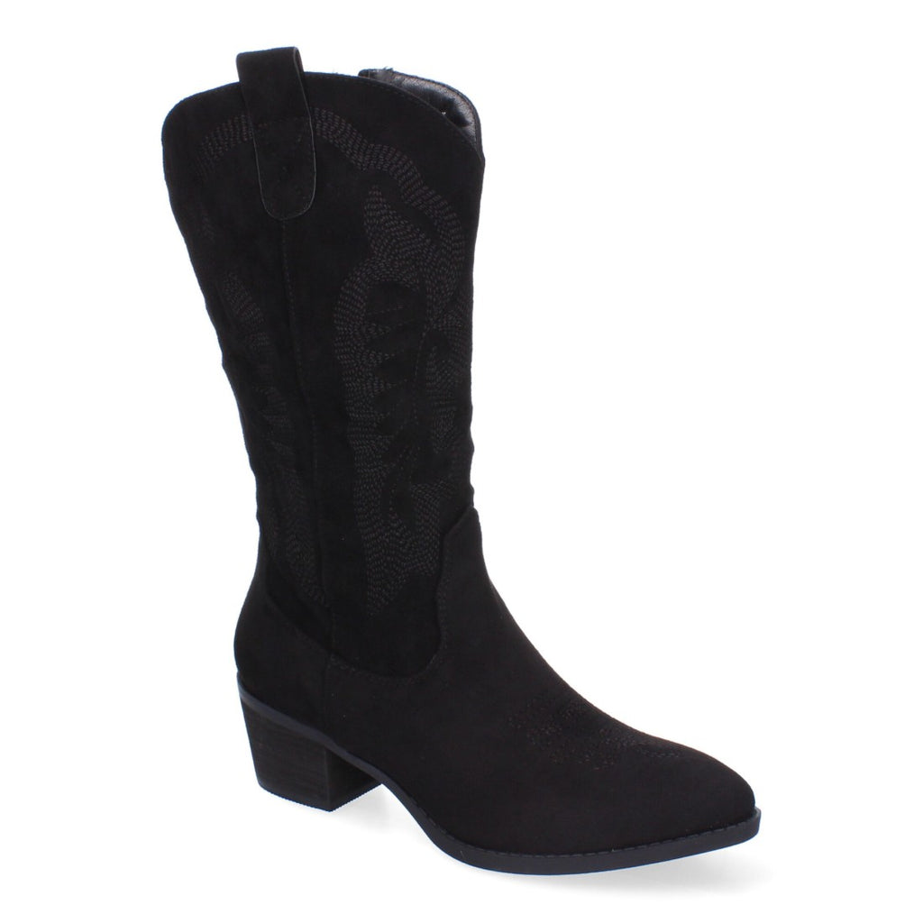 Botas Cowboy con Tacón, Bordado y Punta Redonda - Negro