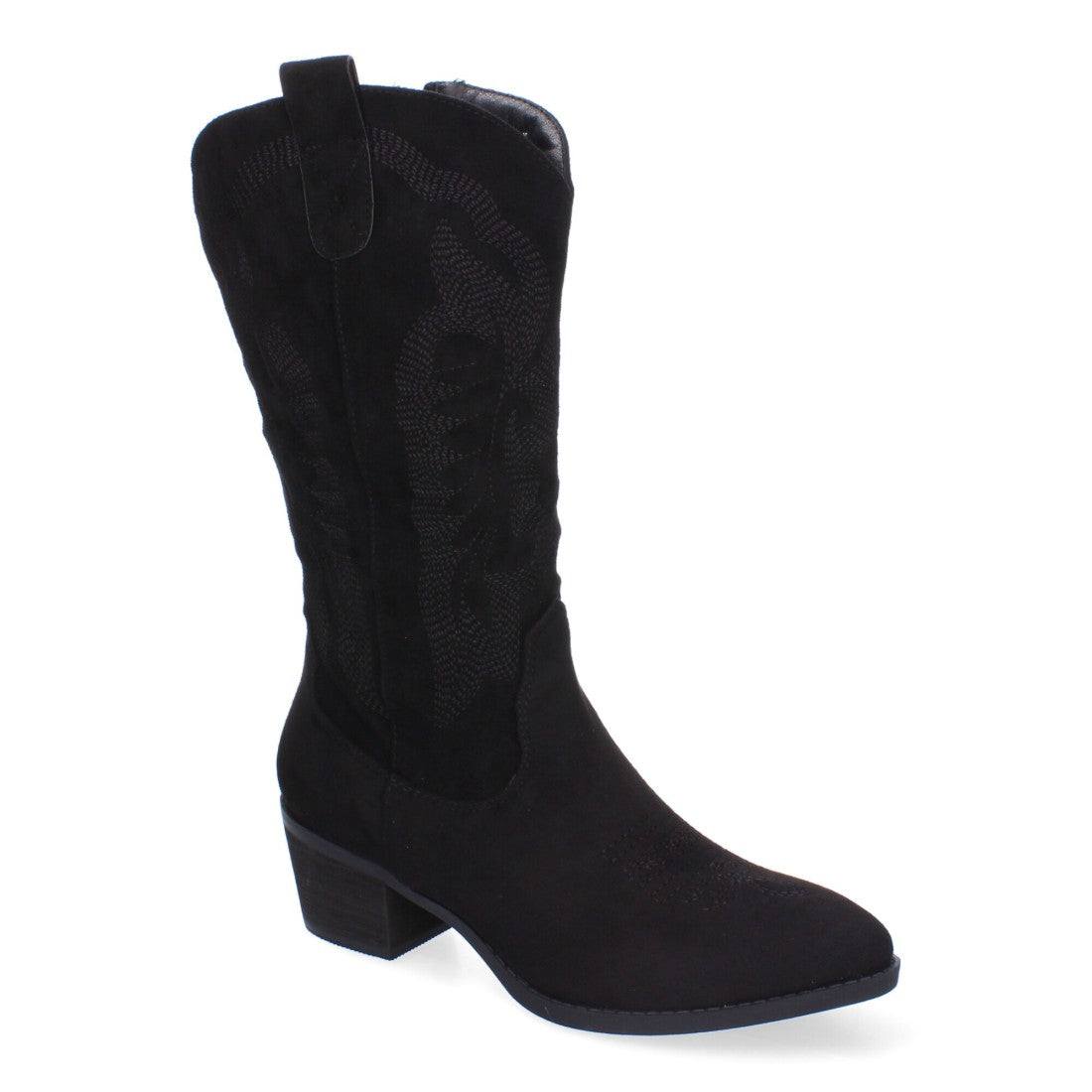 Botas Cowboy con Tacón, Bordado y Punta Redonda - Negro