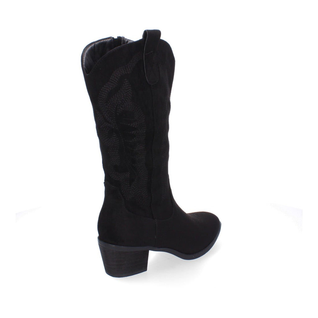 Botas Cowboy con Tacón, Bordado y Punta Redonda - Negro